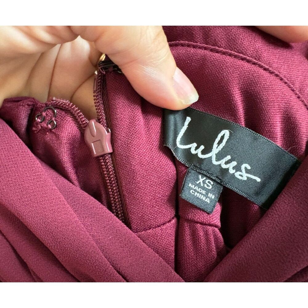 Burgundy Chiffon Wide Leg Jumpsuit Ruched Plunge Low V Open Back Formal Lulus XS - Picture 7 of 9